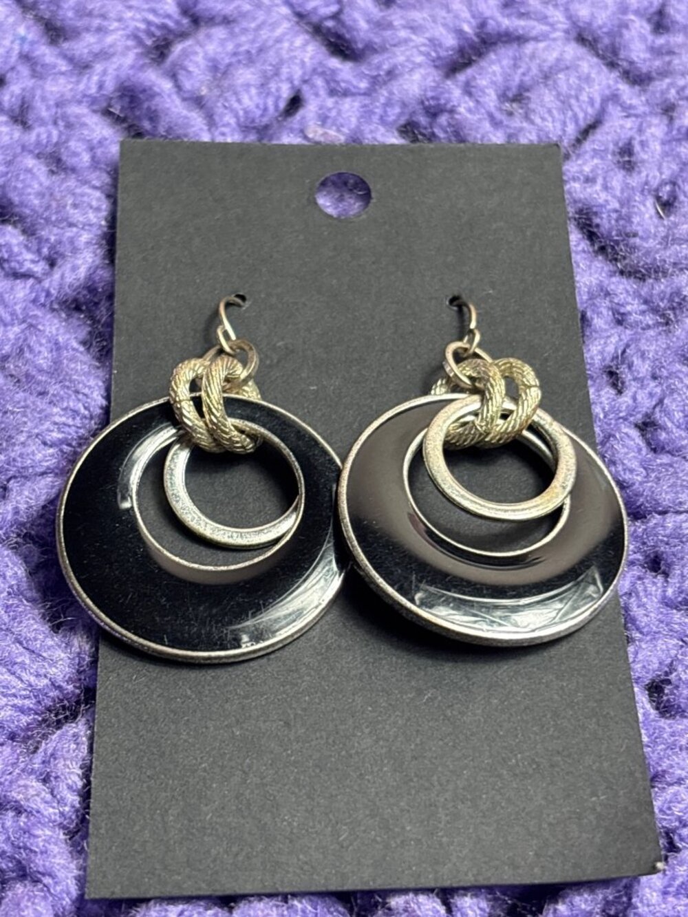 Silvertone Dangle Hoop Earrings Black Enamel Circles 1.25 inches